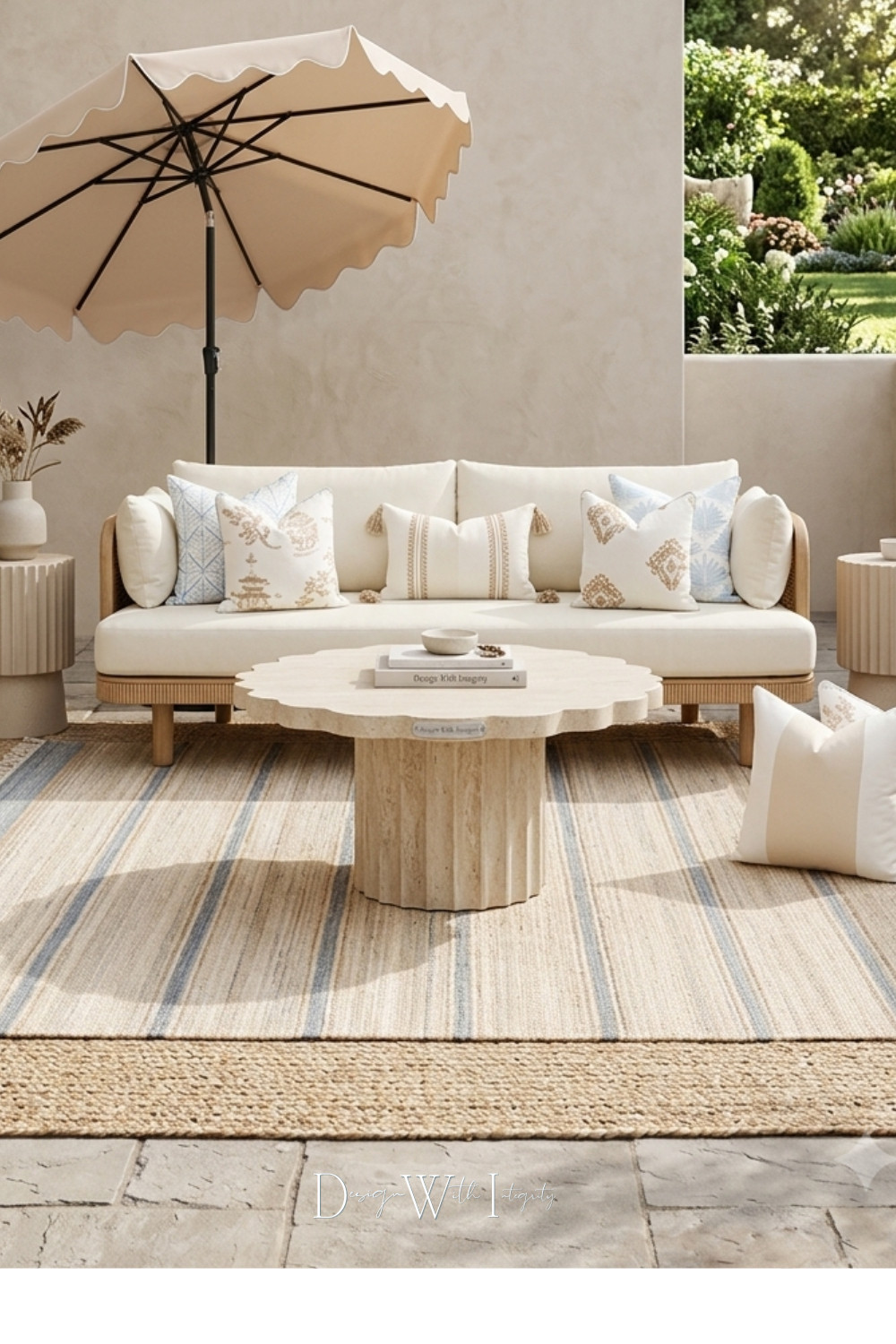 The best outdoor spaces feel effortlessly collected, not overdesigned.

This patio embraces a relaxed, elevated aesthetic by layering warm neutrals with soft touches of blue for a look that feels timeless season after season. An ivory outdoor sofa creates the foundation, while a sculptural stone coffee table, striped performance rug, woven natural fiber base rug, and a scalloped patio umbrella add depth, texture, and architectural interest.

The pillows bring the palette to life with a thoughtful mix of delicate blue botanicals, chinoiserie inspired prints, soft geometric patterns, and warm neutral embroidery. Every layer complements the next, creating an inviting space that feels equally suited for quiet mornings with coffee or evenings spent entertaining outdoors.

If you're refreshing your patio this season, start with timeless furniture, introduce natural textures, and finish with textiles that add personality without overwhelming the space.

Shop the Look on LTK to recreate this outdoor retreat with carefully curated pieces that work beautifully together.

This design began as one of my digital mood board concepts and was later transformed into an AI generated visualization to help homeowners see how thoughtfully sourced products come together in a realistic outdoor setting.

#PatioDecor #OutdoorLiving #LTKHome 

 #LTKSeasonal #LTKHome