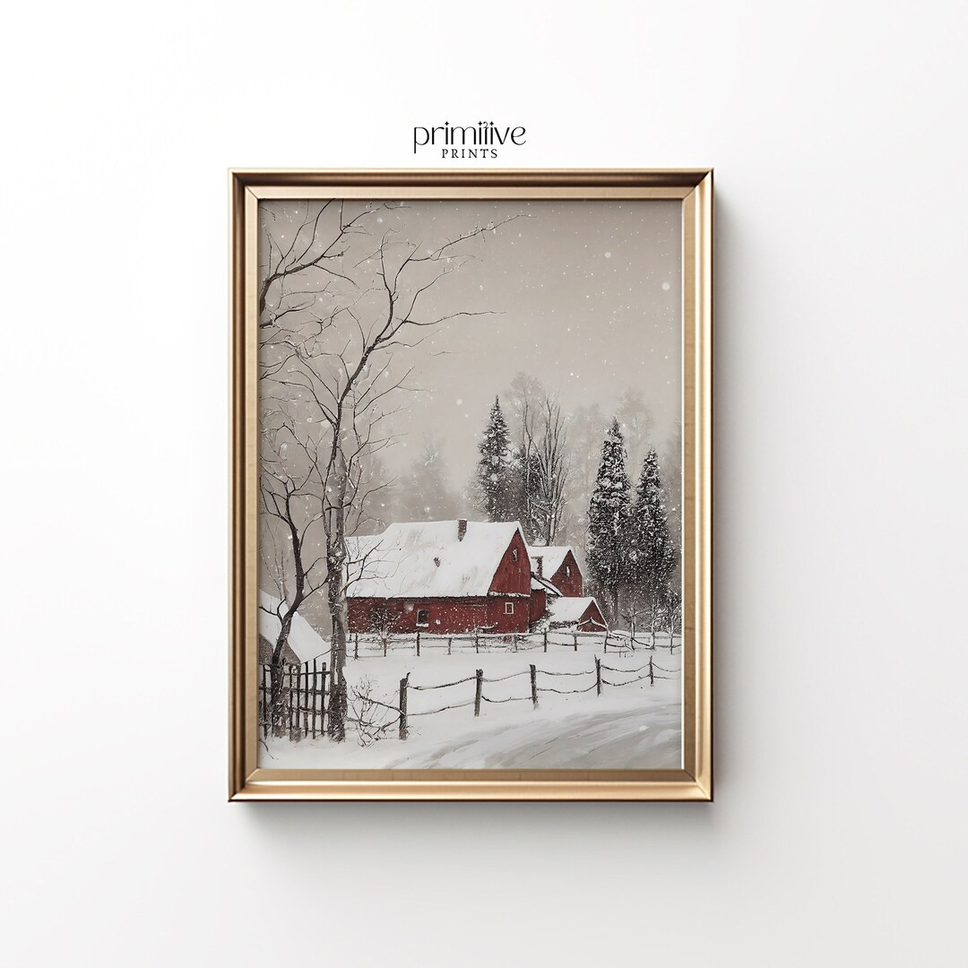Winter Farmhouse Painting Digital PRINTABLE Wall Art Snowy - Etsy | Etsy (US)