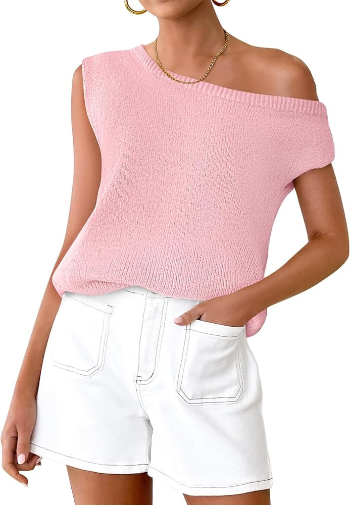 ZESICA Women's Summer Off The Shoulder Knit Tops 2026 Casual Short Sleeve Oversized Shirt | Amazon (US)