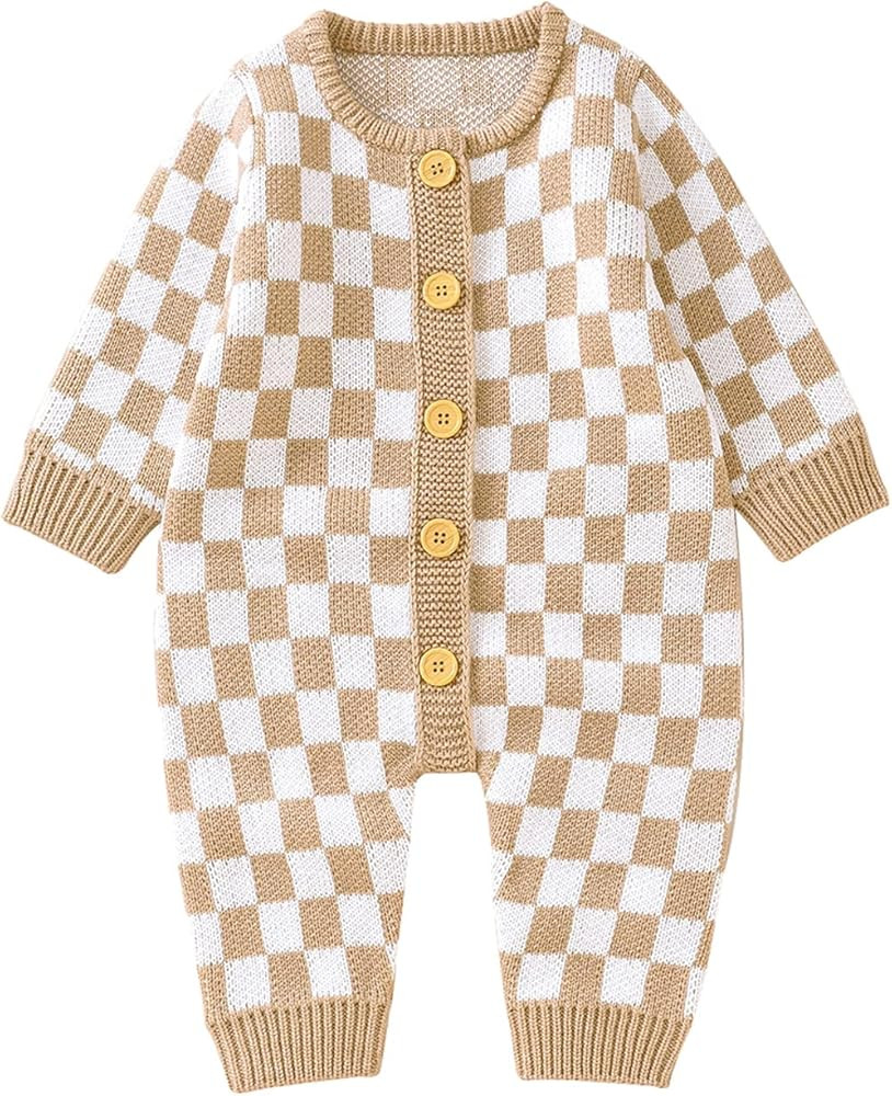 Gueuusu Infant Baby Girl Boy Knitted Sweater Romper Jumpsuit Checkerboard Plaid Print Long Sleeve... | Amazon (US)