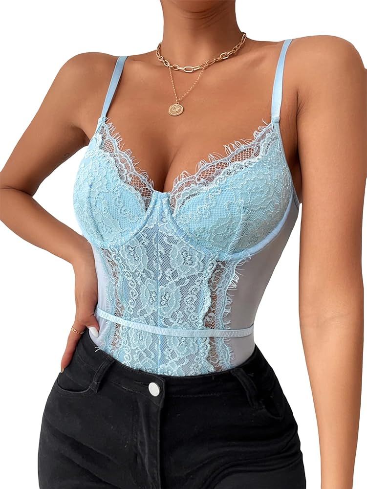 SheIn Women's Sheer Mesh Sleeveless Floral Lace Spaghetti Strap Cami Bodysuit Tops | Amazon (US)