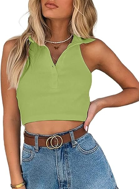 Remidoo Women's Casual Button Front Sleeveless Collared Rib Knit Crop Tank Top | Amazon (US)