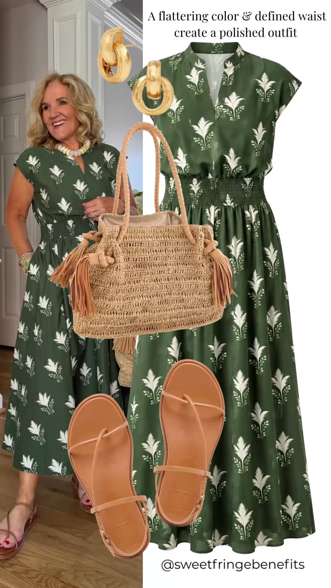 This green floral dress is such a flattering choice for summer, with a defined waist and easy, polished fit. I paired it with raffia accessories and tan sandals for an effortless warm-weather look.

💡 LTK MADE EASY
❤️ Heart = Support my posts!
🔖 Save = Get sale & restock alerts
📋 Lists = Keep favorites organized
📲 Share = Send lists and products to a friend. Hello, Christmas List!
💬 Comment = Ask me anything about what I'm wearing.:-)

#LTKootd #LTKTravel #LTKOver40