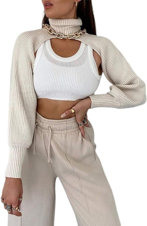 Women's High Collar Long Puff Sleeve Sweater Knitwear Pullover Crop Top Ultra Short Cropped Sweat... | Amazon (US)