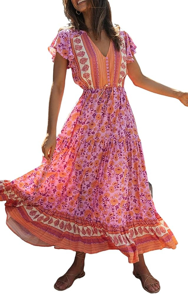 R.Vivimos Womens Summer Floral Print Cotton Short Sleeve Flowy Dress | Amazon (US)