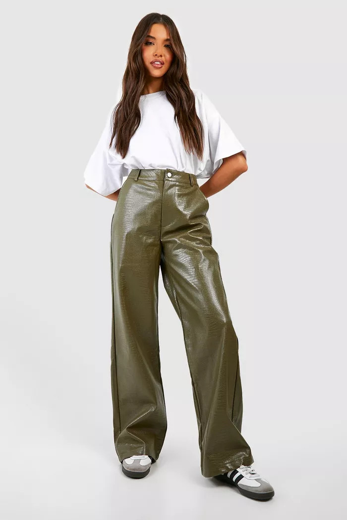 Croc Faux Leather Wide Leg Pants | boohoo (US & Canada)