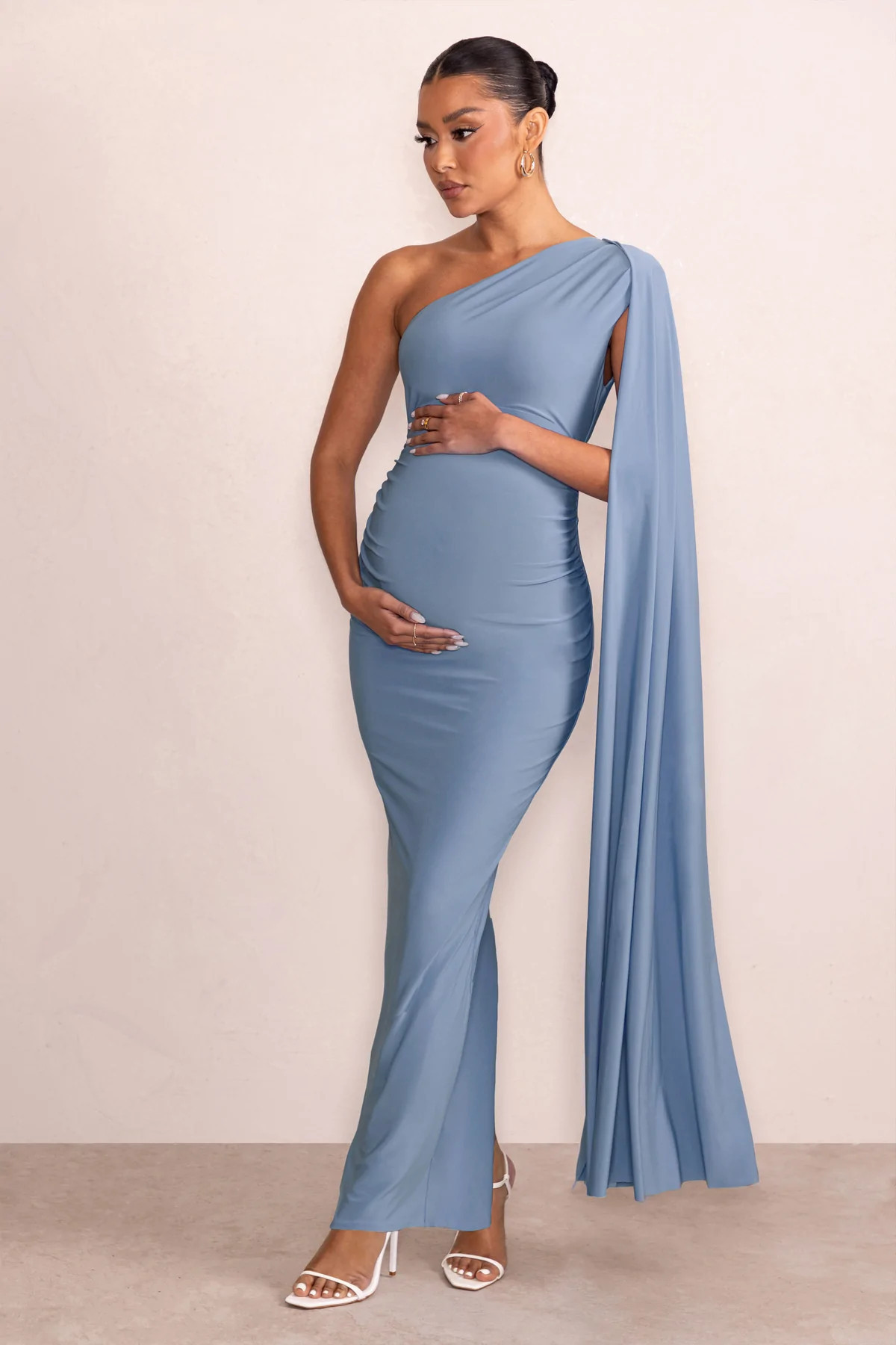Amaryllis | Powder Blue Maternity One Shoulder Maxi Dress with Cape Sleeve | Club L London