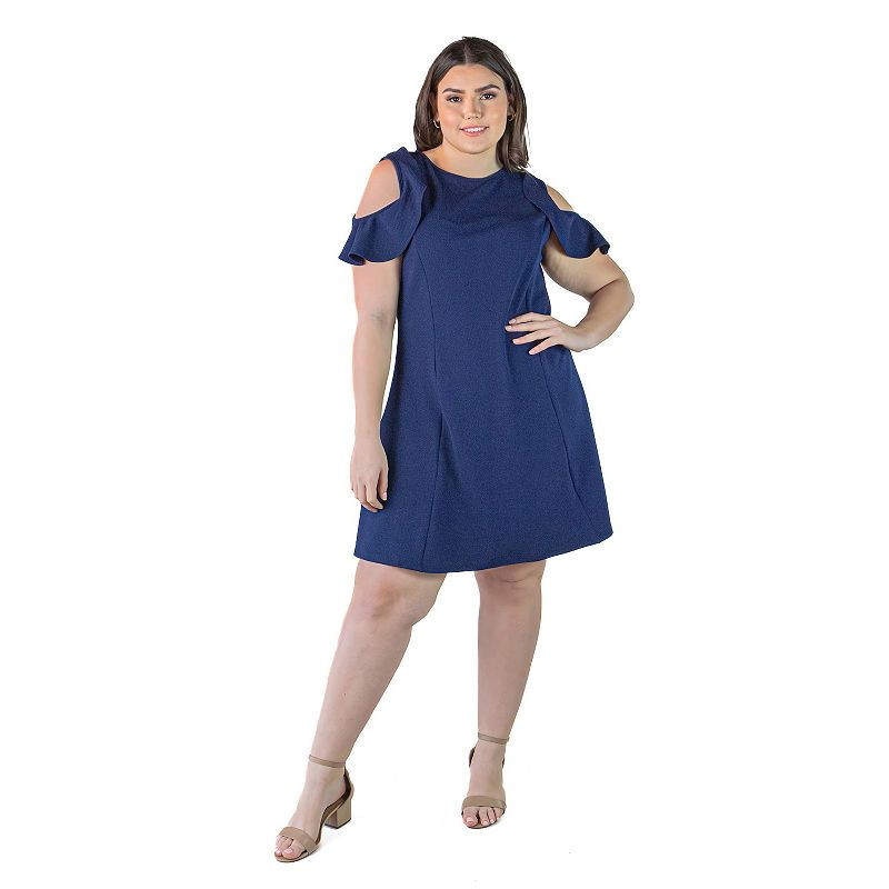 Plus Size 24Seven Comfort Apparel Ruffle Cold Shoulder A-Line Dress, Women's, Size: 3XL, Blue | Kohl's