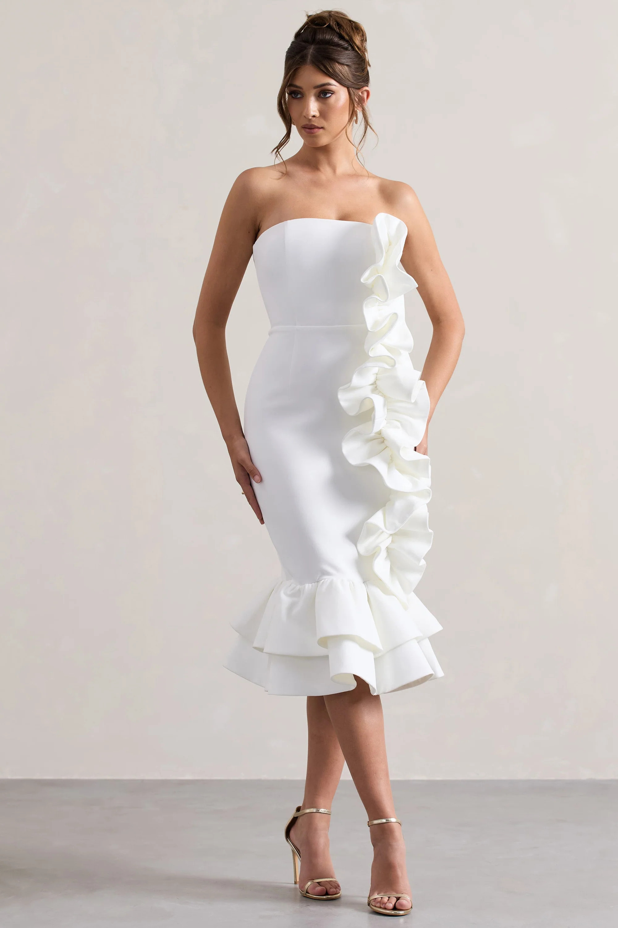 Concept  Cream Bandeau Ruffle Midi Dress | Club L London