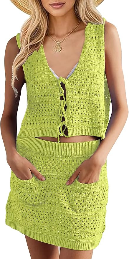 Peaceglad Crochet Sets Two Piece Women Skirt and Mesh Drawstring Vest Top Summer Set Outfits Swim... | Amazon (US)