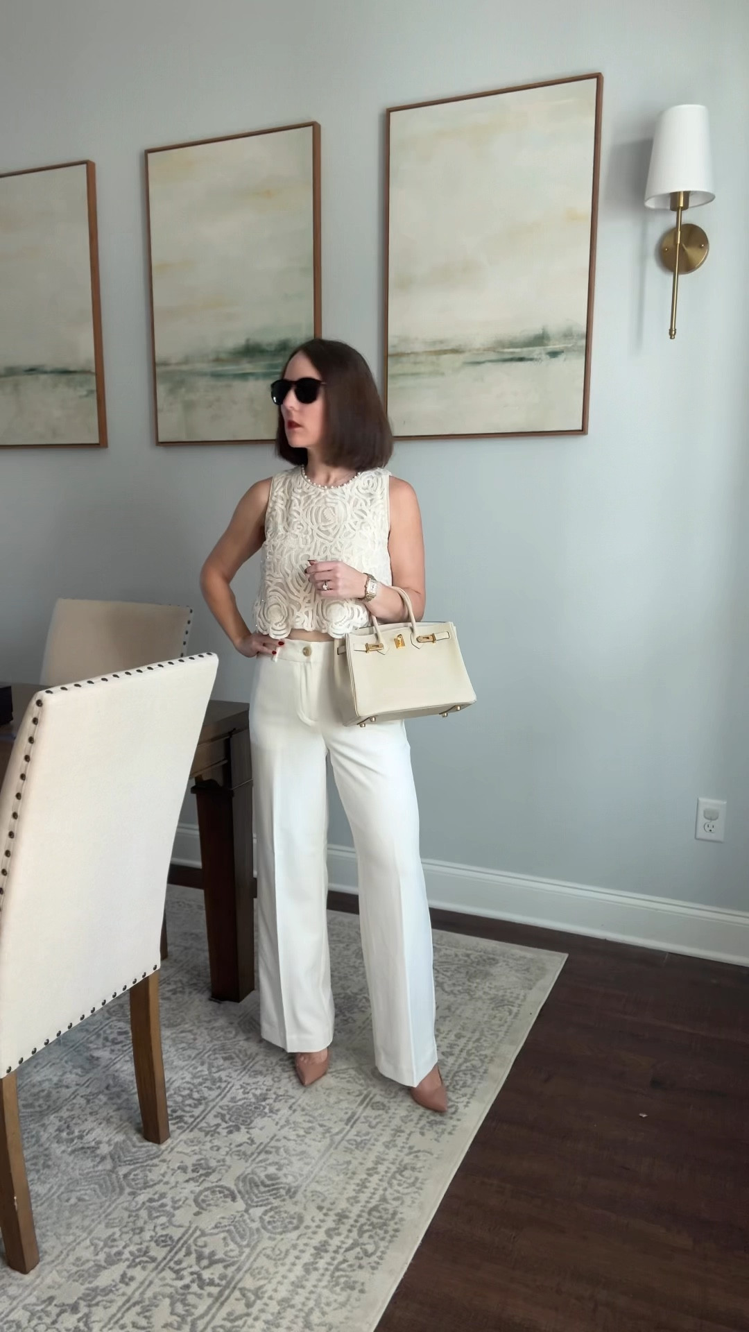 I’m here for these winter whites! Wearing size 2 XS in the top and petite 0 in the pants. Both items run true to size  