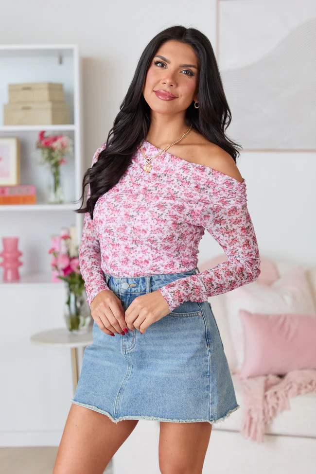 Mallory Pink Floral Off Shoulder Long Sleeve Top | Pink Lily