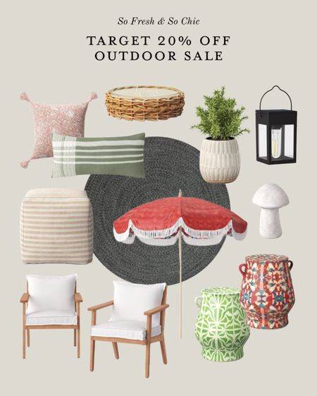 Target outdoor home collection sale! 20% off. 
-
Studio McGee outdoor furniture - outdoor decor - outdoor throw
Pillows - Threshold outdoor collection - affordable outdoor home decor - red patio umbrella with fringe - white and wood patio armchairs - opalhouse ceramic outdoor stools - three wick wicker candle - outdoor mushroom decor - outdoor lantern with vintage bulb - ceramic textured planter - outdoor square upholstered pour - grey circle outdoor rug - chic patio decor - colorful outdoor decor - outdoor sale - stoneware outdoor stools - concrete garden mushroom figurine

#LTKhome #LTKunder100 #LTKsalealert