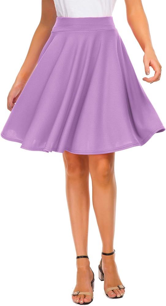 EXCHIC Women's Casual Stretchy Flared Mini Skater Skirt Basic A-Line Pleated Midi Skirt | Amazon (US)