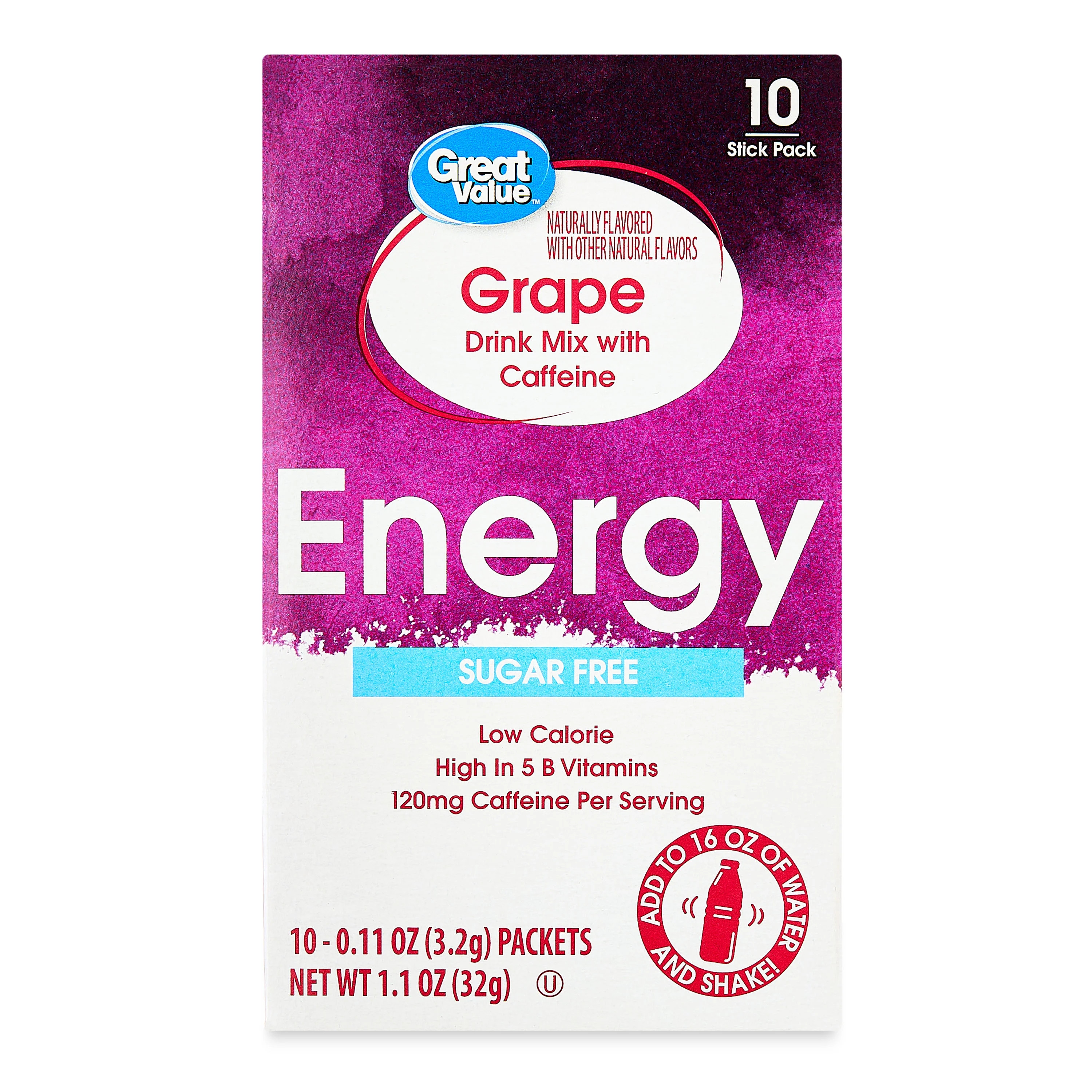 Great Value Sugar-Free Grape Energy Powdered Drink Mix, 1.1 oz, 10 Packets | Walmart (US)