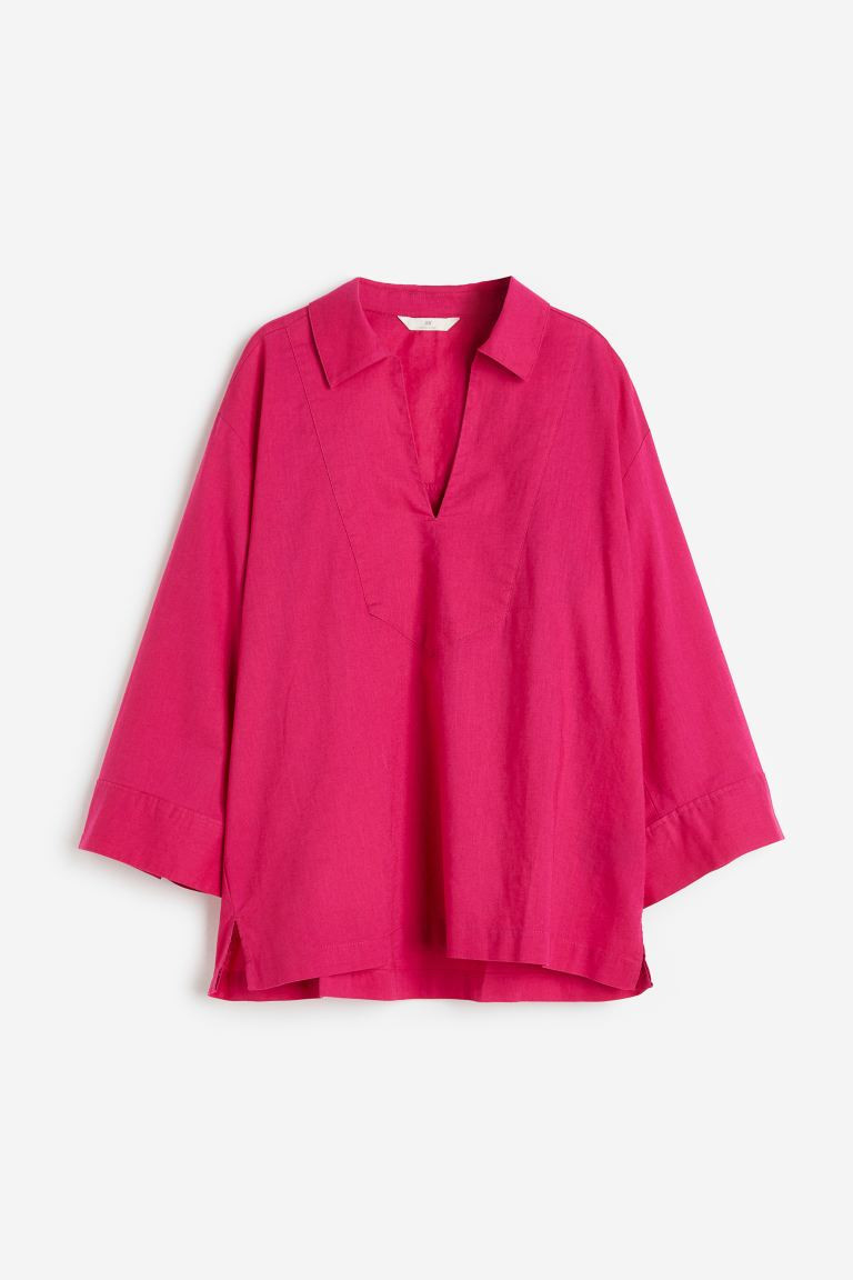 Linen-blend Pullover Shirt - 3/4 sleeve - Regular length - Cerise - Ladies | H&M US | H&M (US + CA)