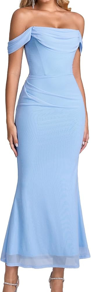 GLNEGE Womens Off the Shoulder Corset Formal Wedding Guest Maxi Dress Ruched Bodycon Long Cocktai... | Amazon (US)