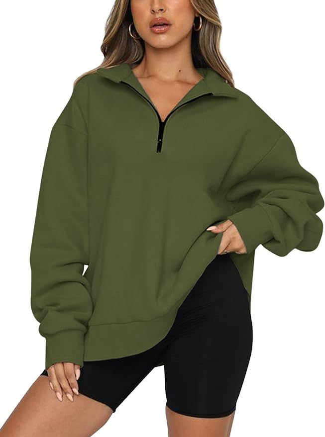 MISSACTIVER Women's Oversized Quarter 1/4 Zip Sweatshirts Lapel Collar Long sleeve Drop Shoulder ... | Amazon (US)