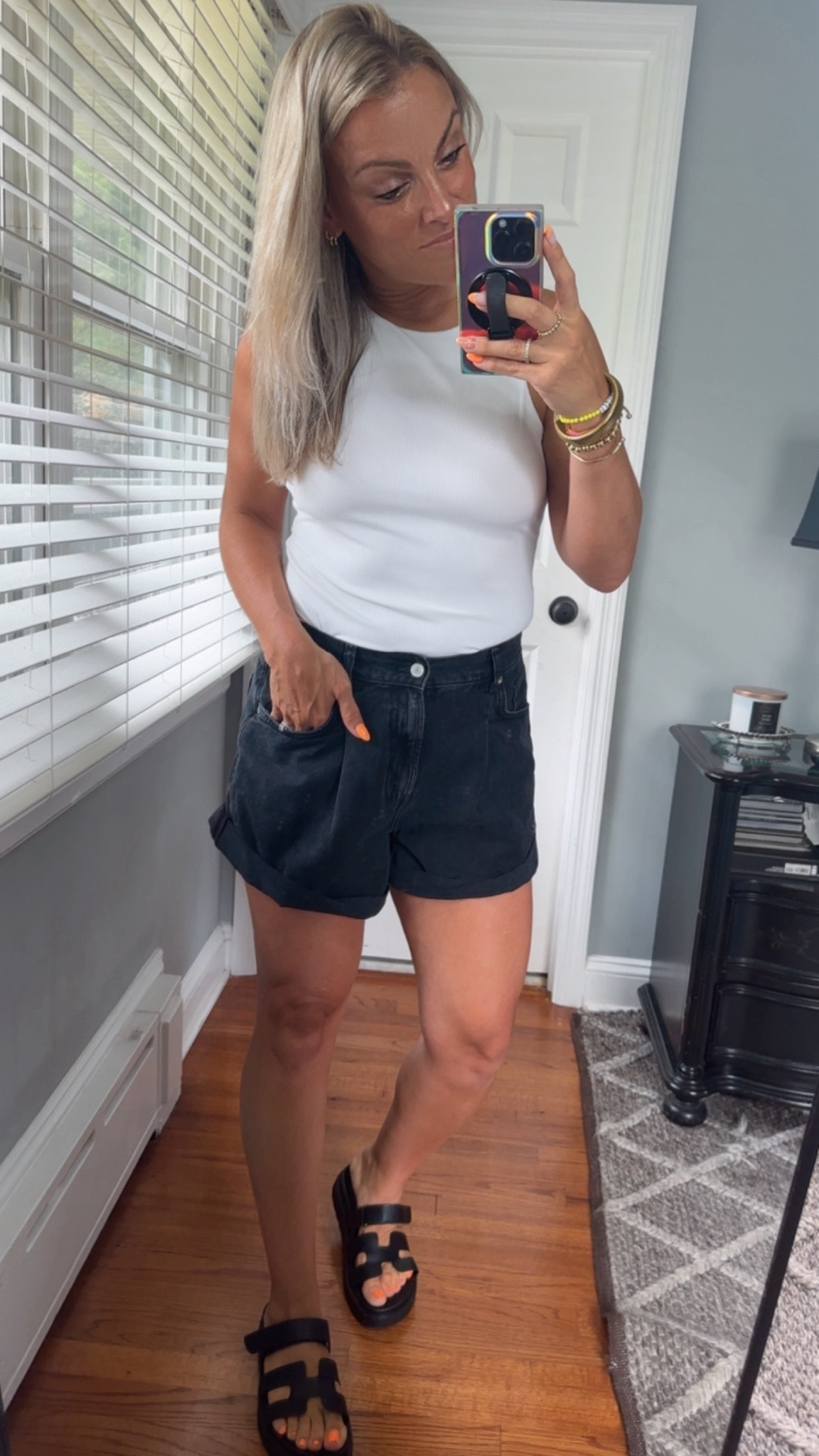 FP denim shorts. High waisted. No stretch. Wide leg for a looser fit. Wearing color midnight. Size small.