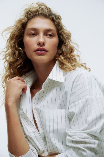 Cotton Shirt - Long sleeve - Regular length - White/striped - Ladies | H&M US | H&M (US + CA)