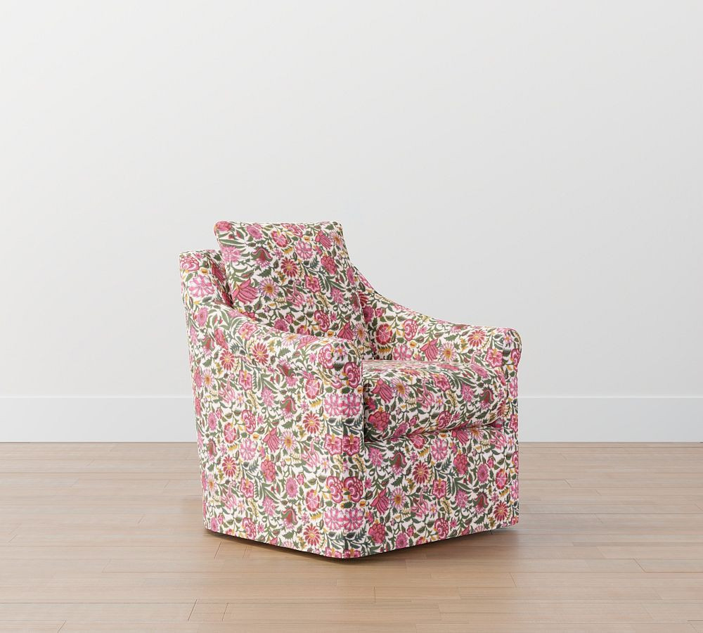 Ayden Roll Arm Slipcovered Swivel Glider, Polyester Wrapped Cushions, Floral Block Print Pink | Pottery Barn (US)