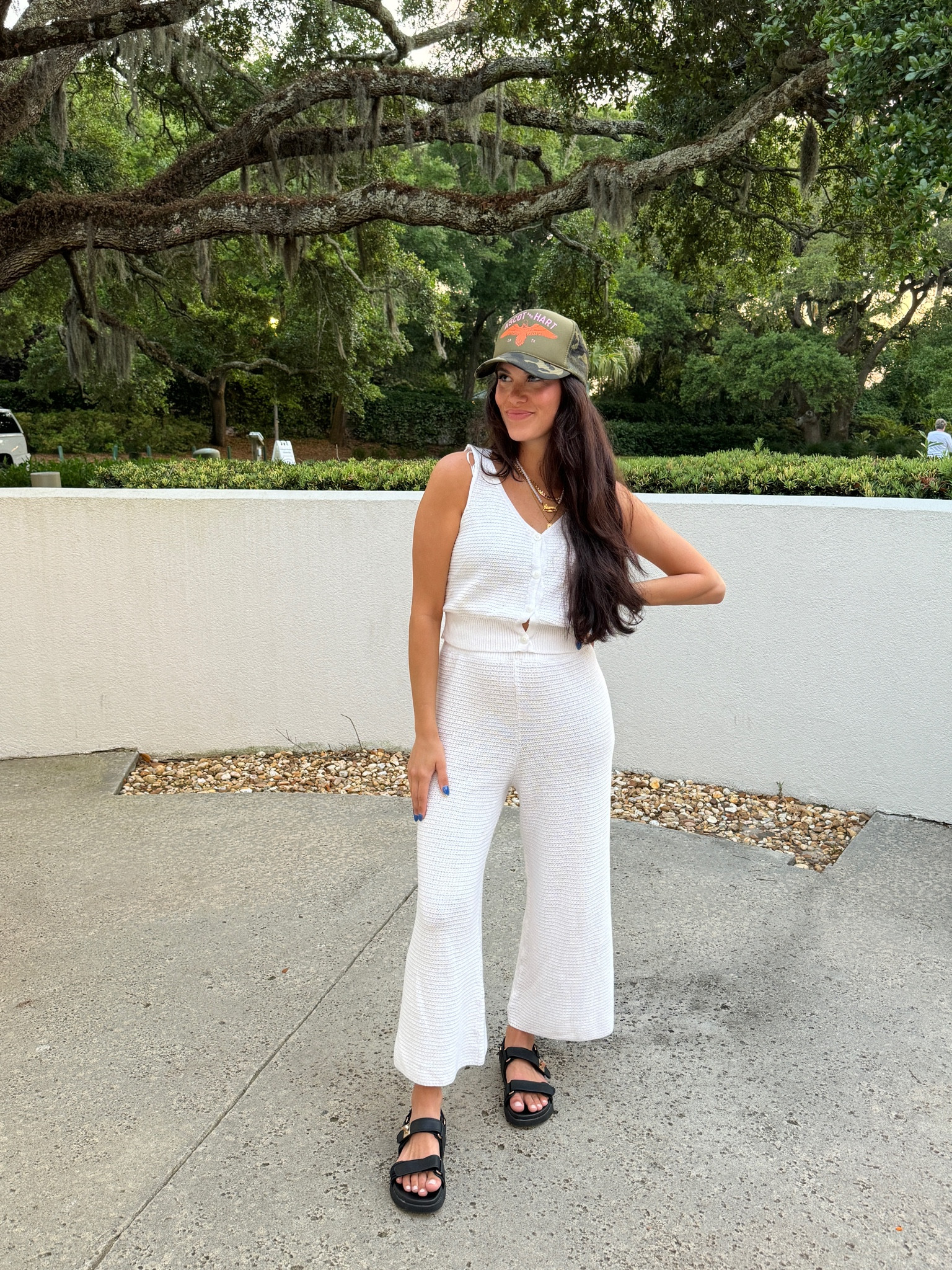 Big summer girlie over here🌞 

Obsessed with this camo trucker hat- seriously one of my FAV summer throw ons paired with these COMFY target sandals. I could walk forever in these babies! Run true to size and under $30 #ltkstyle #comfyootd #comfyoutfits #summerfashion 