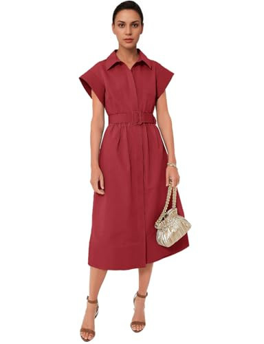 Malajisi Women's Elegant Midi Shirt Dress Button Down Collared Trench Coat Business Dresses with Belt(Red,L) | Amazon (US)