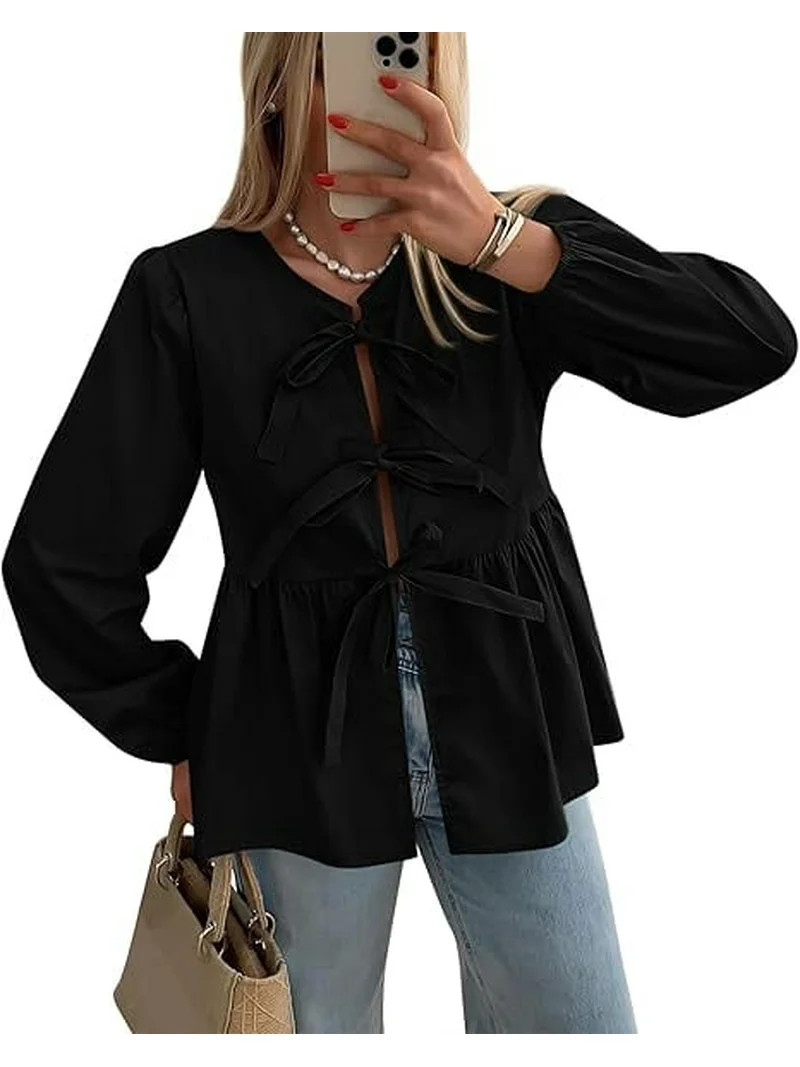 PRETTYGARDEN Women's Spring Fall Babydoll Peplum Blouse Shirt Puff Long Sleeve Bow Tie Front Tren... | Walmart (US)