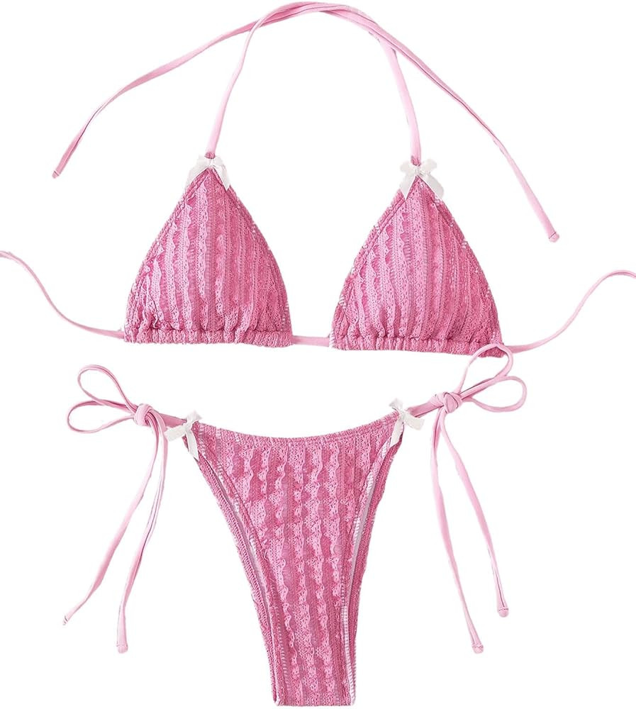 MakeMeChic Women's 2 Piece Bikini Set Swimsuit Tie Backless High Cut Halter Thong Bathing Suit | Amazon (US)
