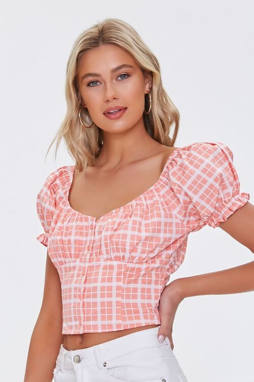 Grid Print Puff-Sleeve Top | Forever 21 (US)