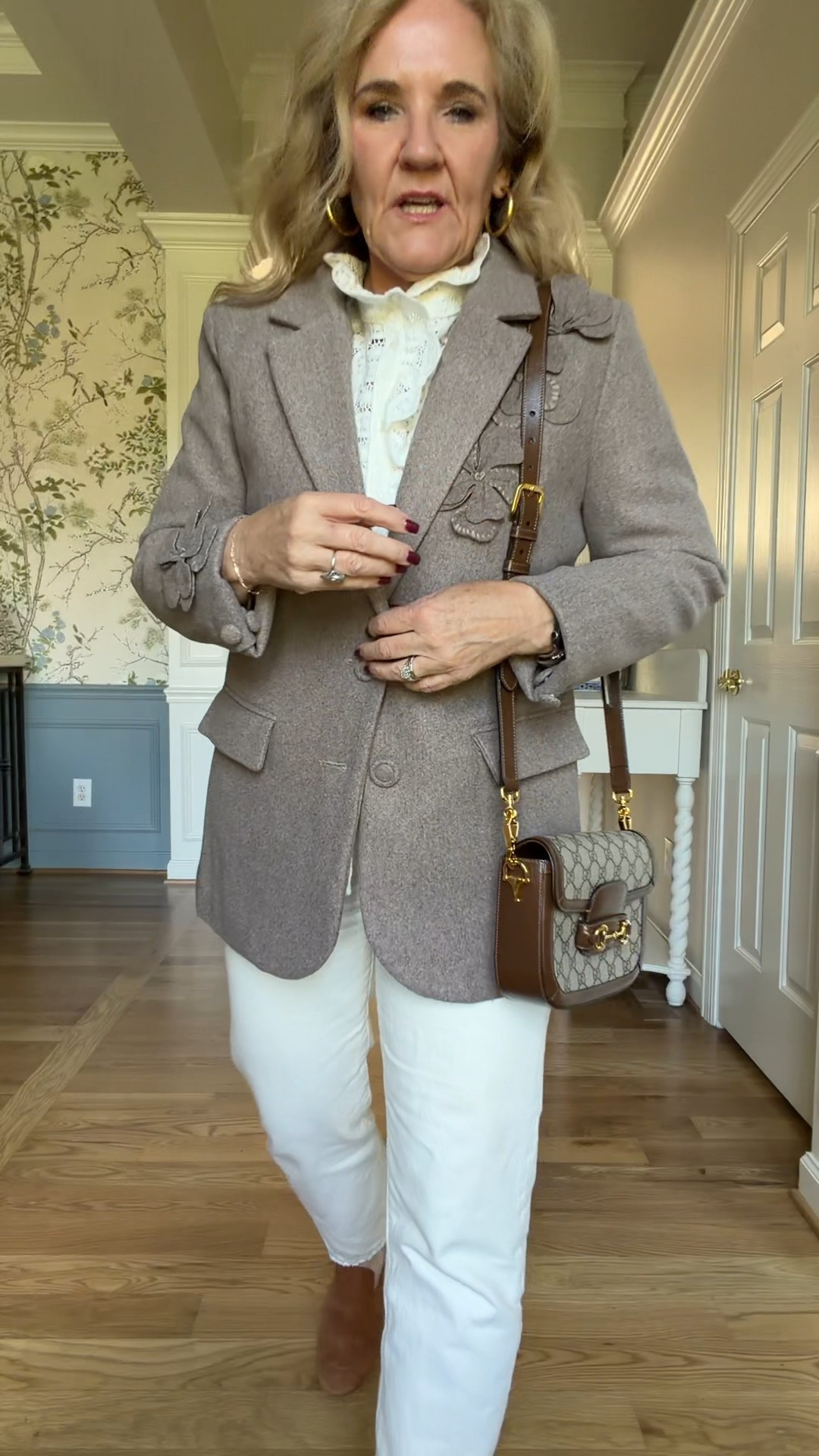 This blazer is fully lined and it is a bit heavier, so can be worn as a fall jacket. I’m in my regular size 8/medium. If you’re thicker through the shoulders or you wanna wear a sweater with it, I would suggest sizing up.  This brand is sold at Anthropologie. This jacket is a really good find. I did have to turn the sleeves under.
Levi’s 501 size 29 inseam 26
Sezane blouse size 10, it is one of the favorite pieces in my closet
Gucci bag 

#LTKFindsUnder100 #LTKOver40 #LTKPetite