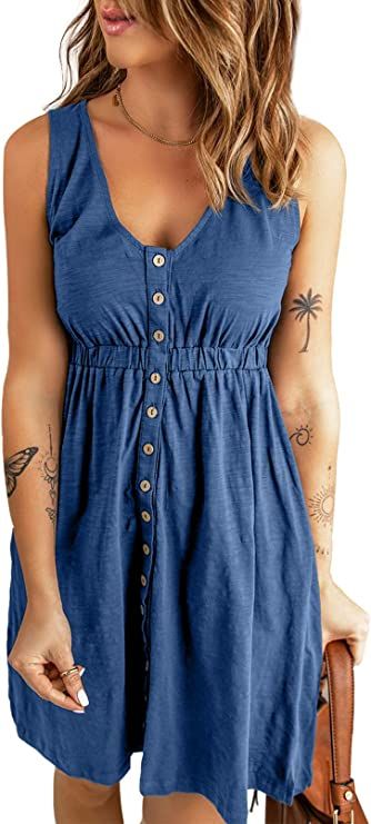 BLENCOT Women's Casual Sleeveless T-Shirt Dresses Summer V Neck Button Down Swing Short Dress | Amazon (US)