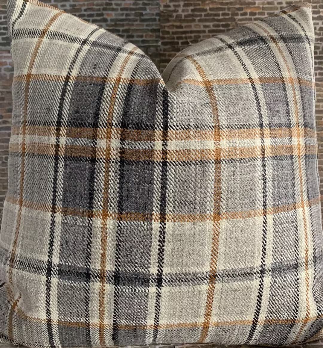 Designer Pillow Cover, Plaid Charcoal - Etsy | Etsy (US)