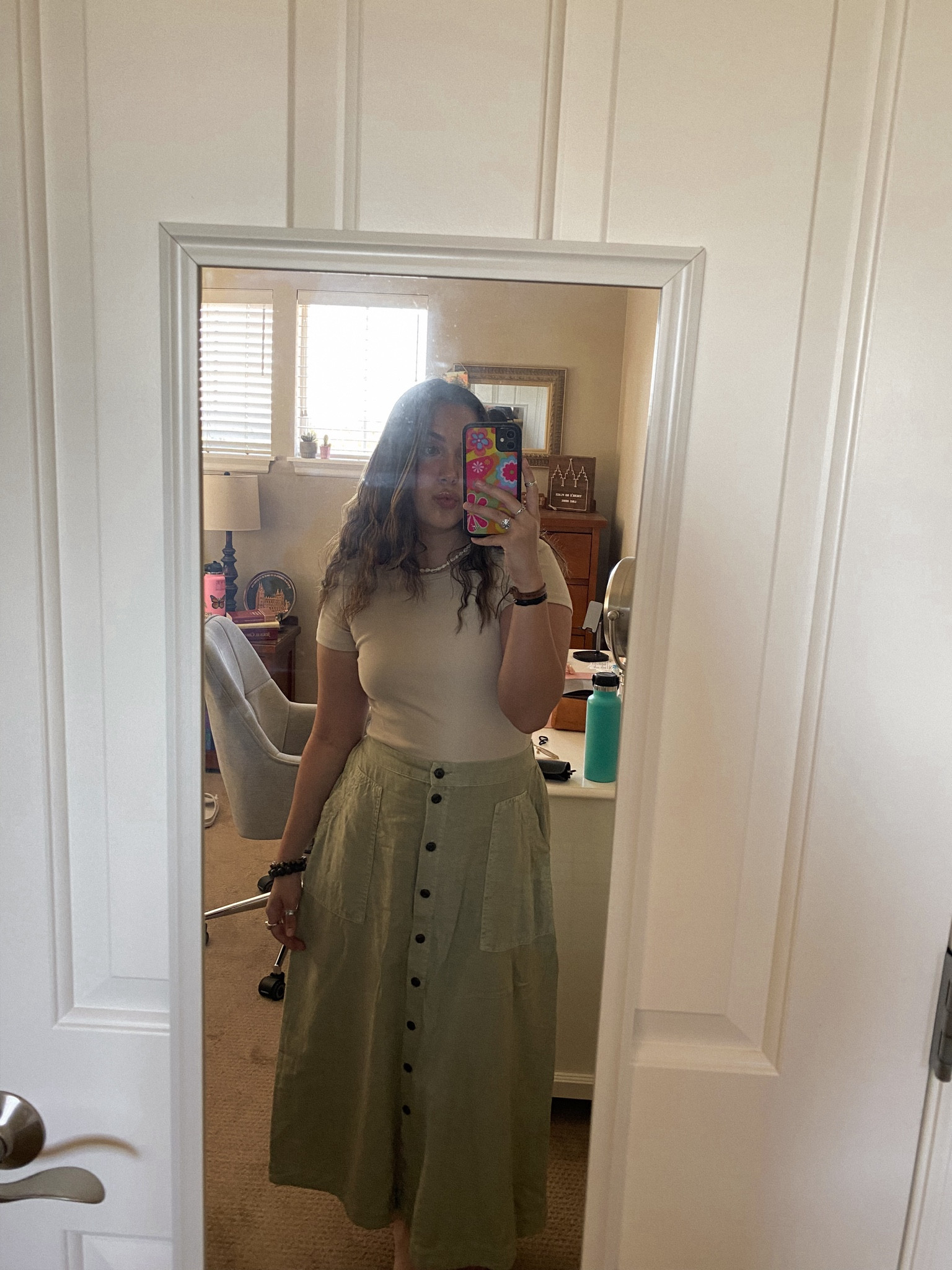 cute spring / summer outfit with green button dress (linked similar), simple tee (linked exact), and a shell necklace (linked similar) 