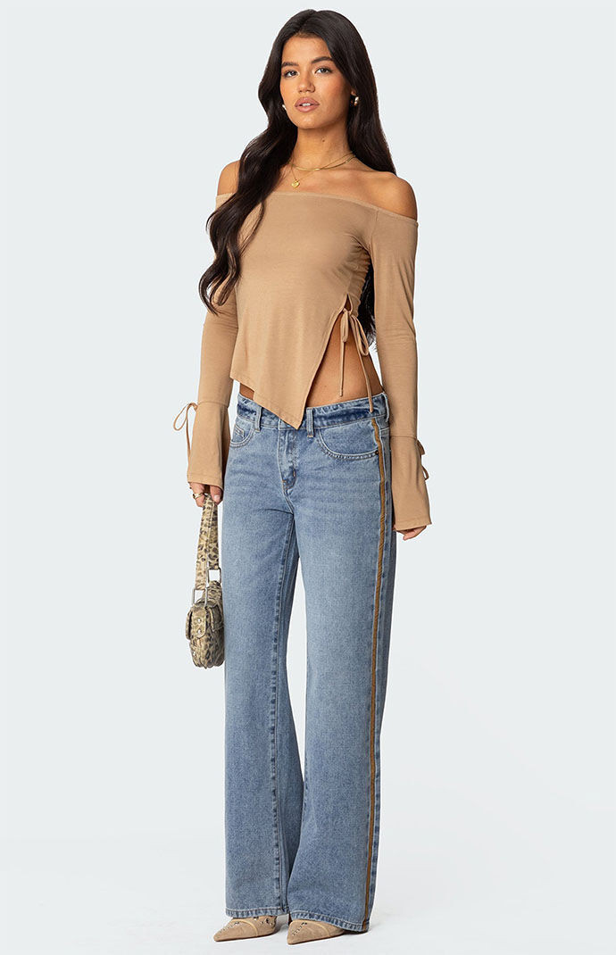 Edikted Women's Faux Suede Stripe Low Rise Jeans in Blue - Size Medium | PacSun
