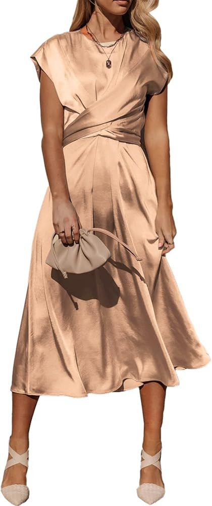PRETTYGARDEN Women's 2023 Summer Satin Midi Dress Cap Sleeve Tie Waist Elegant A-Line Flowy Dress... | Amazon (US)