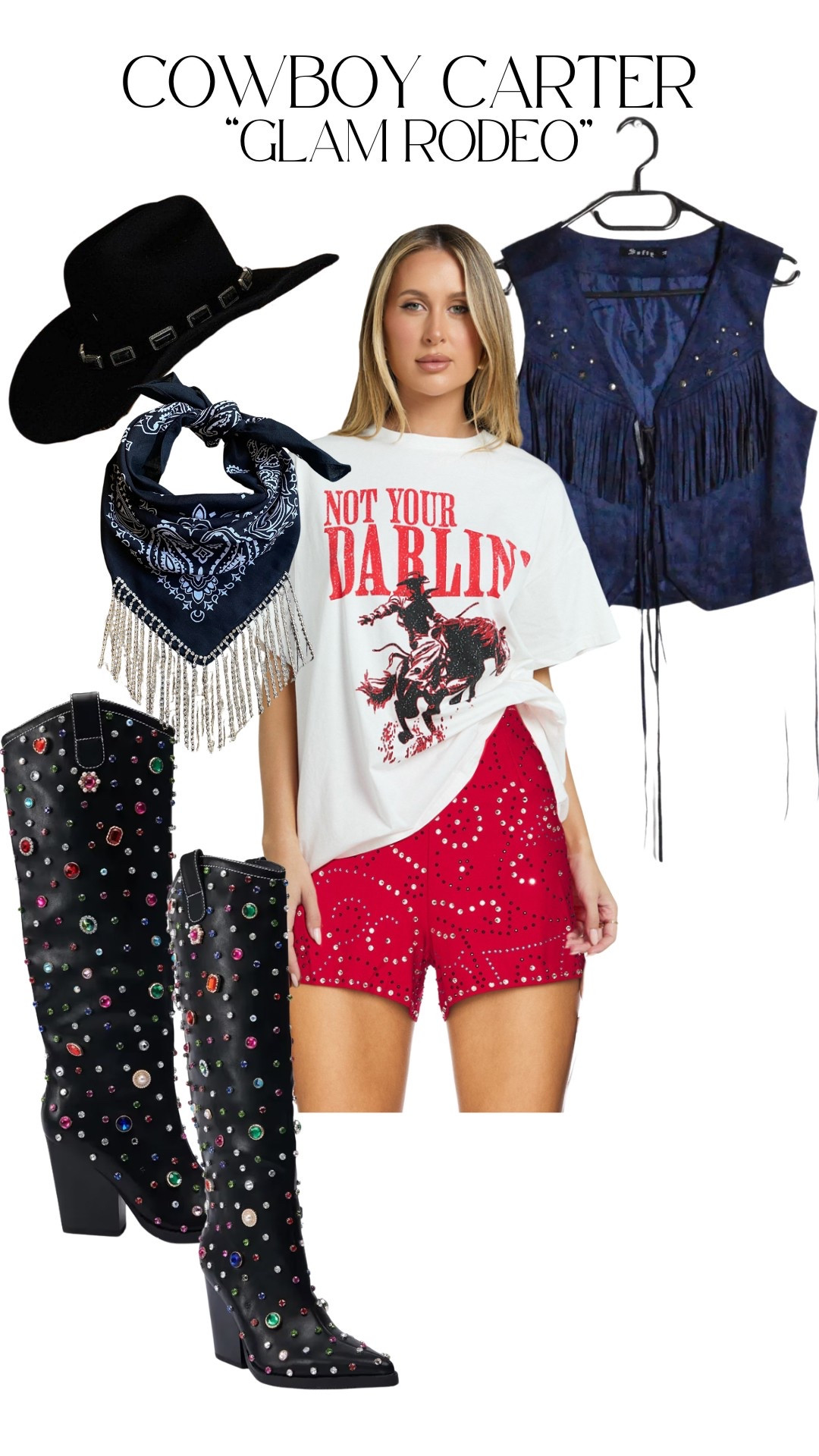 Look #2 in our Cowboy Carter Concert outfits series is the “Rodeo Glam”. This look mixes the effortless casual vibe with the glam elements and brings in the bandana details with a subtle nod to the red, white, & blue. 

#LTKStyleTip #LTKFestival