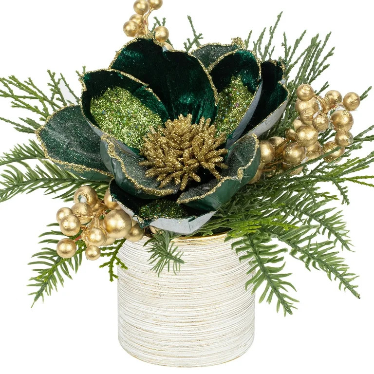 9 inch Green Christmas Table Centerpiece 5" Glitter Magnolia Flower and  Berries Fir Greenery Art... | Walmart (US)