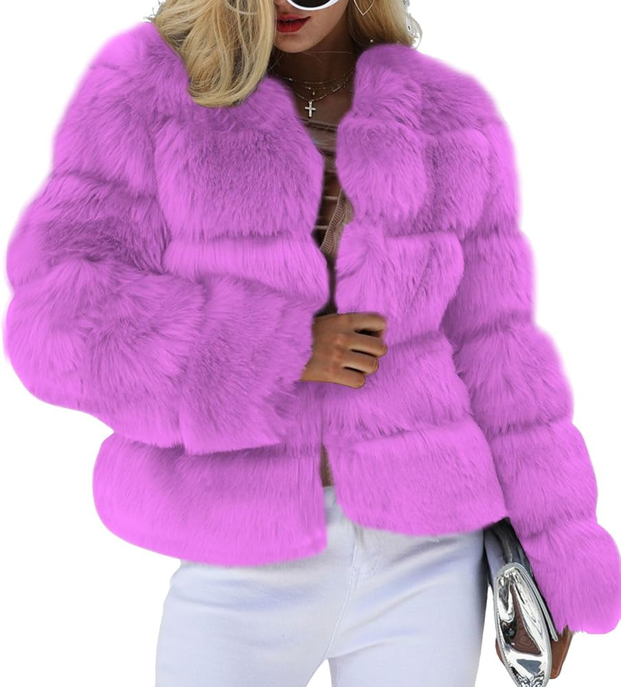 loveimgs Women Warm Fluffy Cropped Puffer Jacket Faux Fur Coat Crop Parka Collarless Winter Teddy... | Amazon (US)