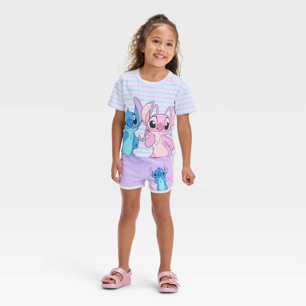 Toddler Girls' 2pc Disney Lilo & Stitch Angel Striped T-Shirt & Retro Knit Shorts Set - Purple | Target