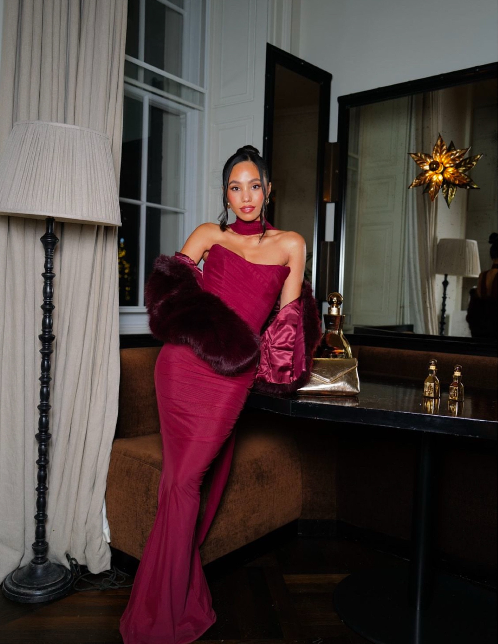 Celebrating with Jimmy Choo in a House of CB burgundy wine gown, the Hallie Cabernet Strapless Corset with Neck Scarf. Complete with faux fur coat, perfect festive party look

#LTKwinter #LTKstyletip #LTKpartywear