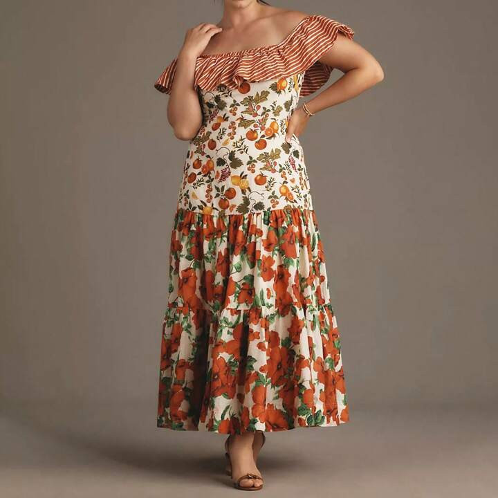 Women Off-Shoulder Dress Sleeveless Striped Fruit Flower Print Cocktail Dress Summer  Long Dress | SHEIN