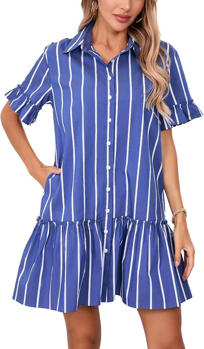 Women's Cotton Linen Ruffle Mini Dress Short Sleeve Button Down Drop Waist Tunic Shirt Dress | Amazon (US)