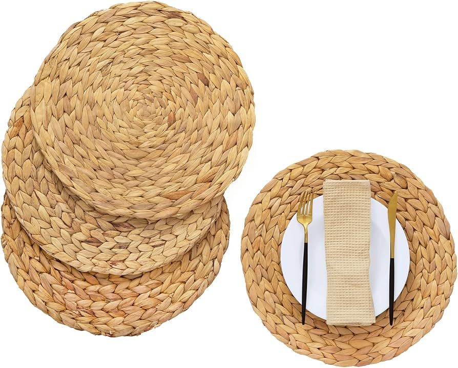 Artera Boho Round Woven Placemats - Set of 4, Natural Wicker Placemats, Water Hyacinth Straw Brai... | Amazon (US)