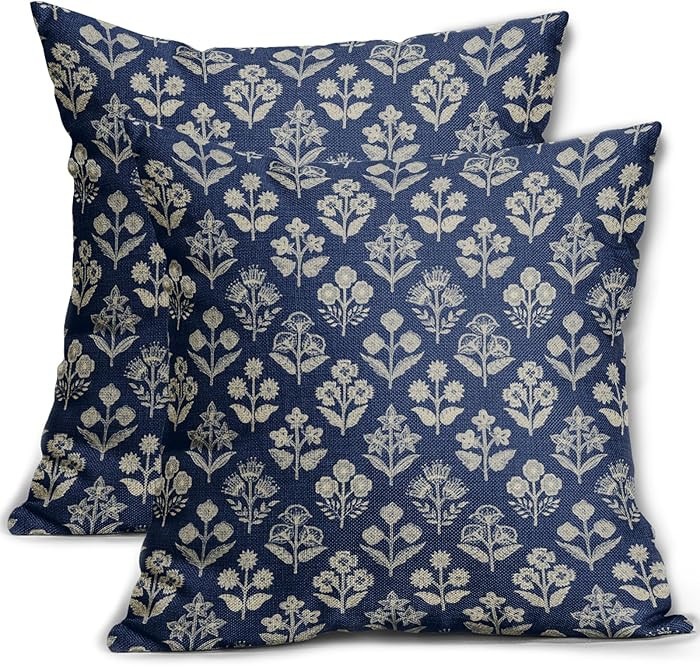 Dark Blue Floral Pillow Covers 22x22 Inch Set of 2, Vintage Flower Block Print Pattern Decorative... | Amazon (CA)