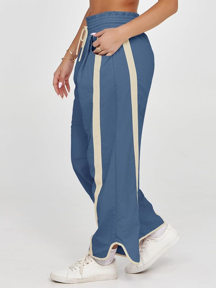 Fisoew Women's Baggy Wide Leg Pants Casual Drawstring Elastic Waisted Contrast Color Workout Y2K ... | Amazon (US)