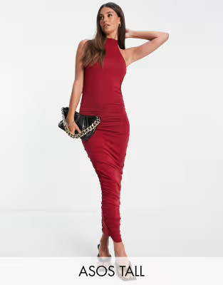 ASOS DESIGN Tall ruched racer front neck midi dress in merlot | ASOS | ASOS (Global)