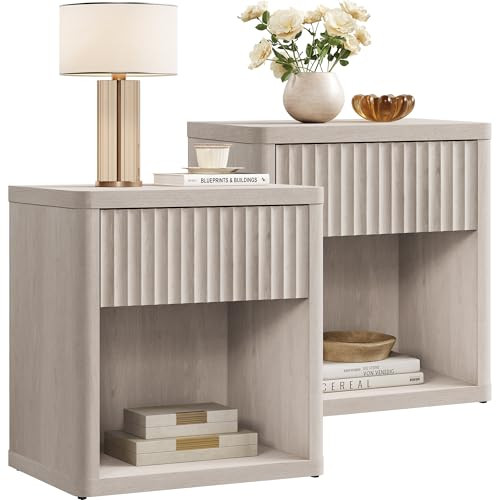 SICOTAS Night Stand Set of 2 Nightstands with Drawer Storage Fluted Bed Side Table End Table Large Modern Wide Bedside Stand Mid Century Night Stands for Bedroom Living Room Sofa Office, White Alder | Amazon (US)