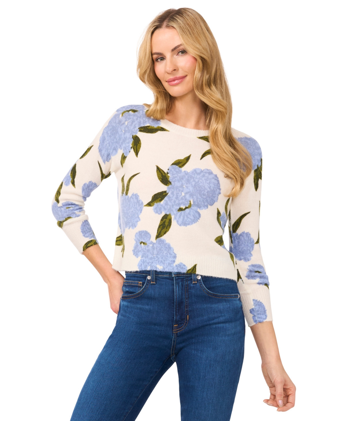 CeCe Women's Long-Sleeve Floral Crewneck Sweater - New Ivory | Macy's