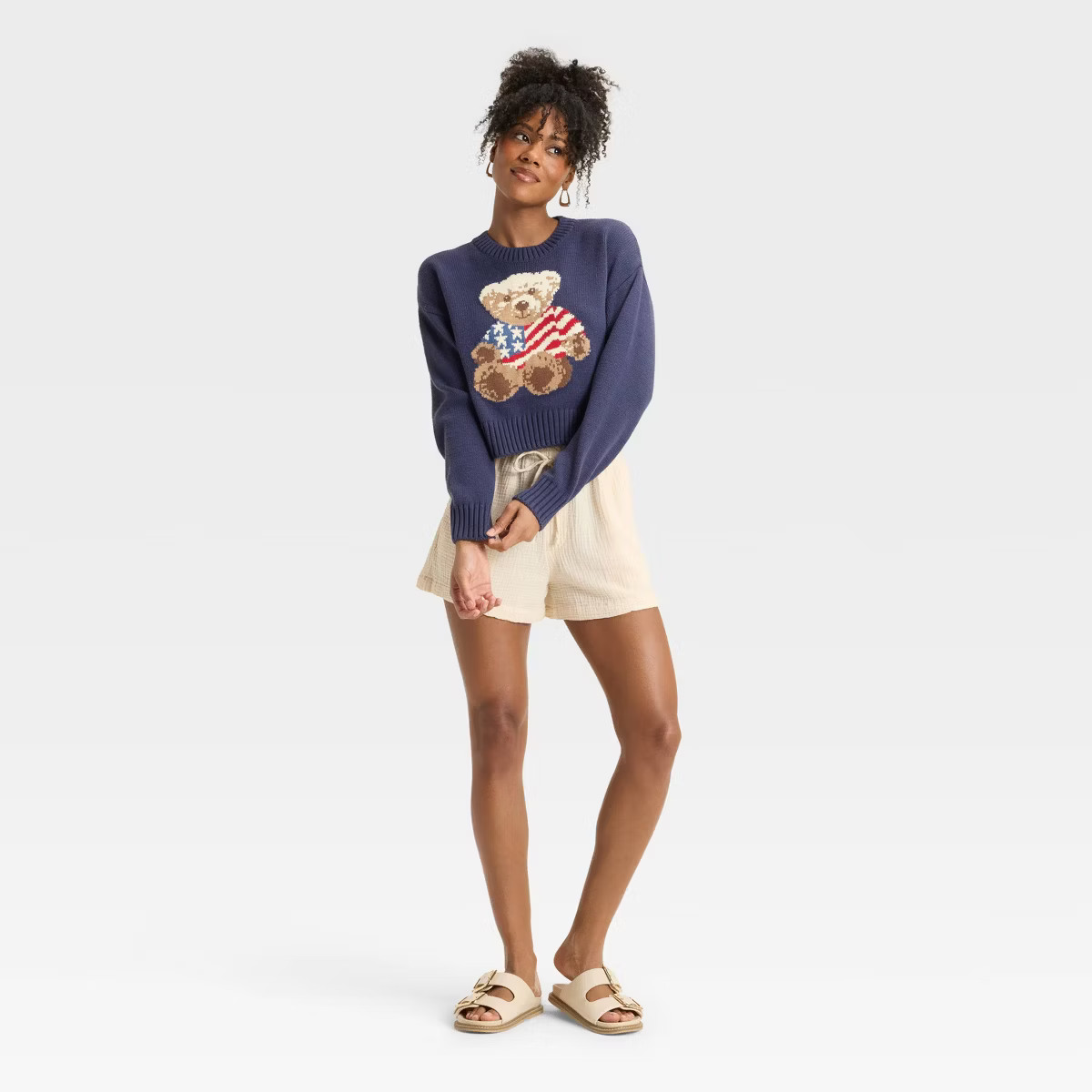 Women's Teddy Bear Flag Graphic Sweater - Navy | Target
